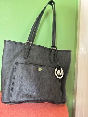 Michael Kors Black Monogram Jet Tote with Silver Logo Charm